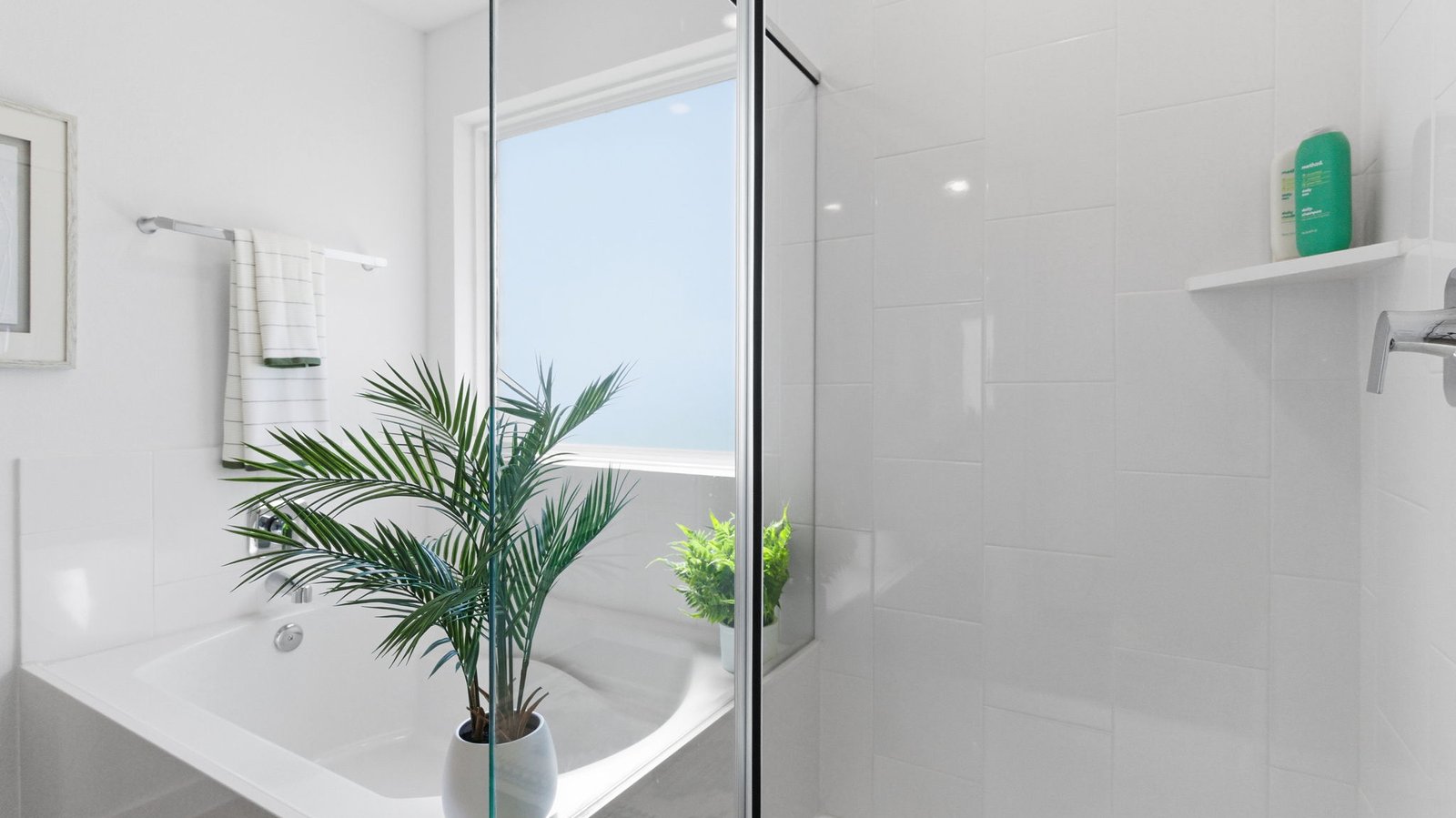 Primary bathroom with a glass-enclosed standing shower and separate soaking tub.