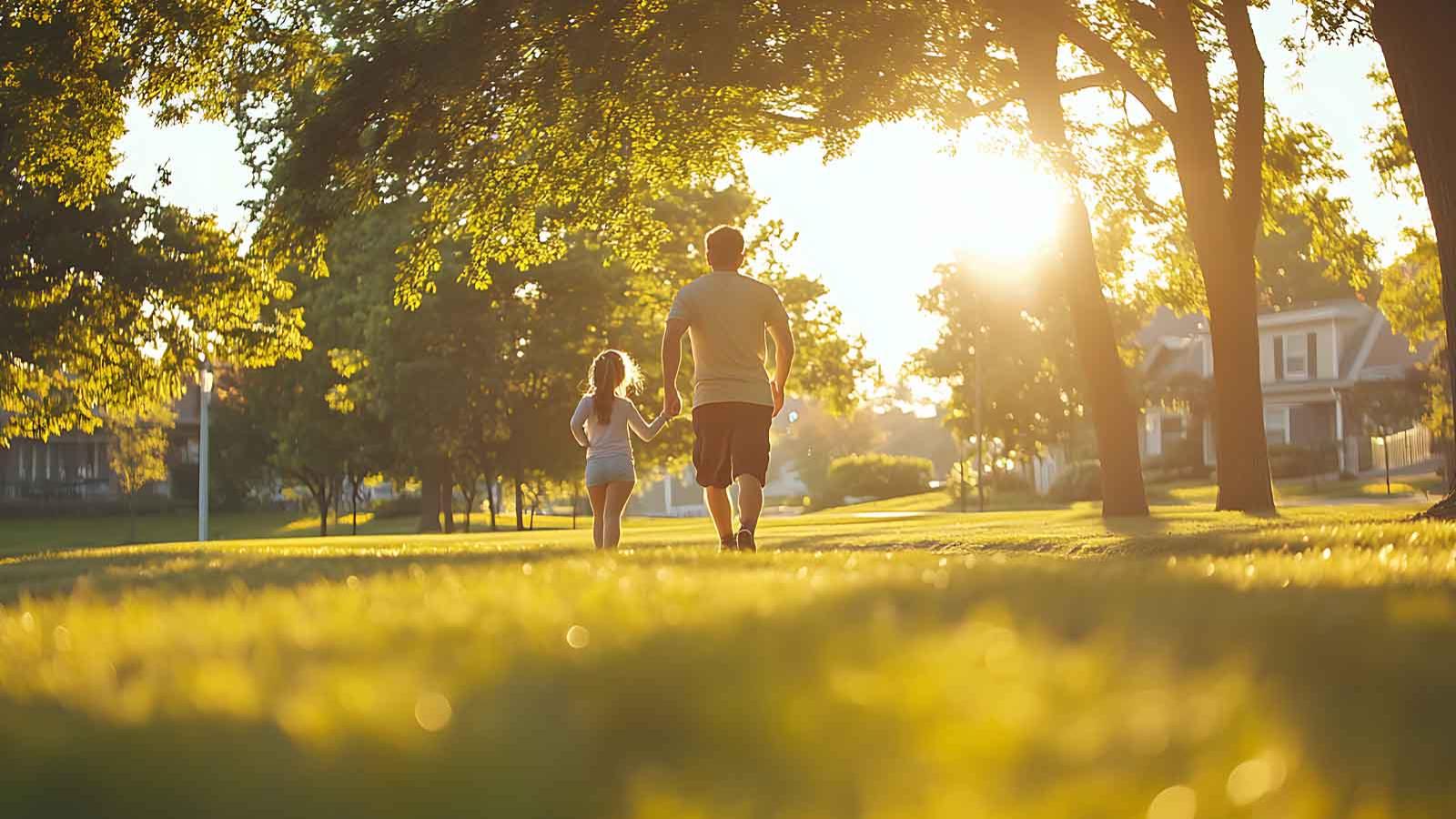 stock image of a dad and daughter walking in a park