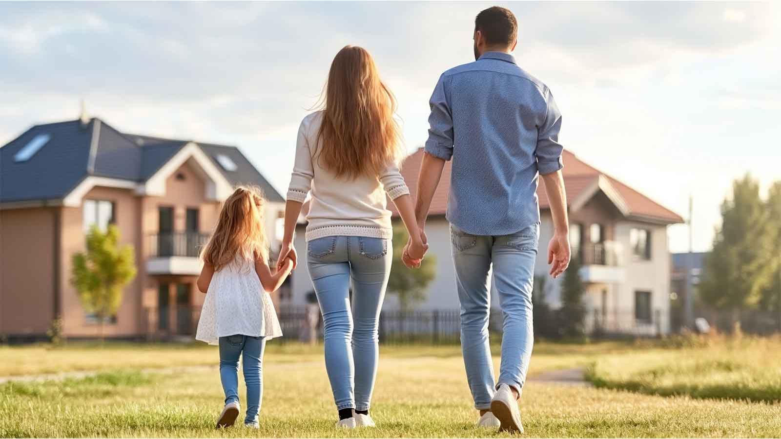 stock image of a family walking up to their home