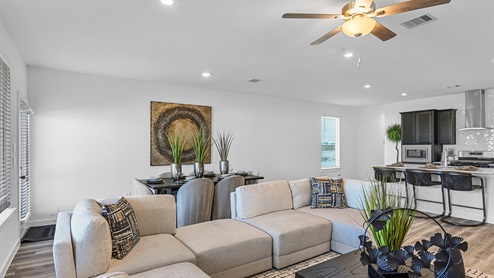 living room to kitchen to dining room view