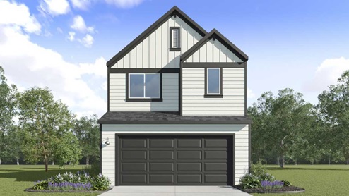 Two-story home with white siding and two-car garage.