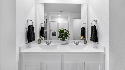 Primary bathroom with double vanity sinks
