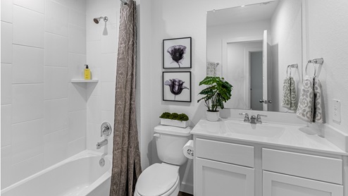 Secondary bathroom with one sink vanity and a standing tub