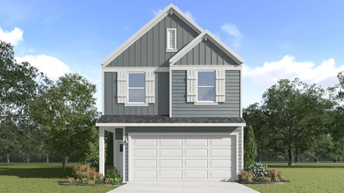 Two-story home with grey siding and a two-car garage.