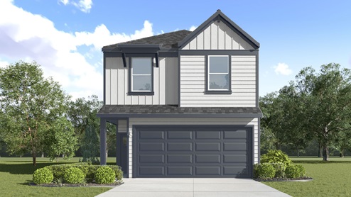 Two-story home with grey siding and a two-car garage.