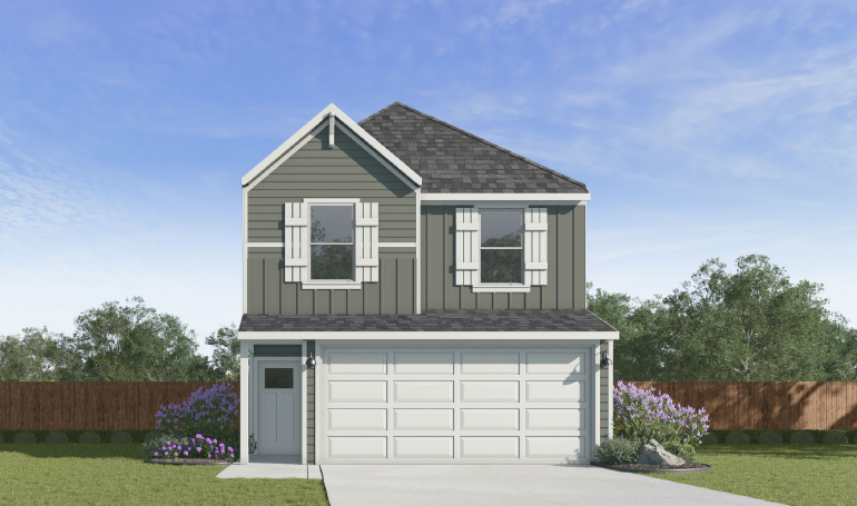 Two story home with green siding and a two car garage