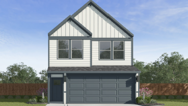 Two-story home with light siding and a two car garage
