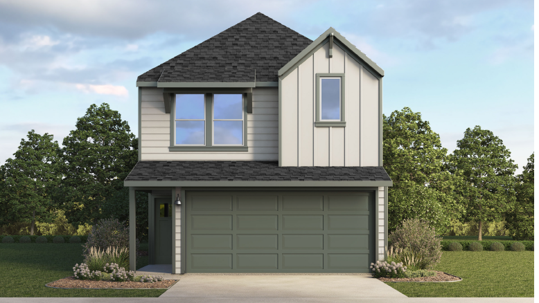 Two story with three windows and a two car garage