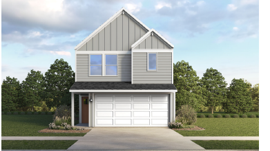 Two-story home with grey siding and light colored trim