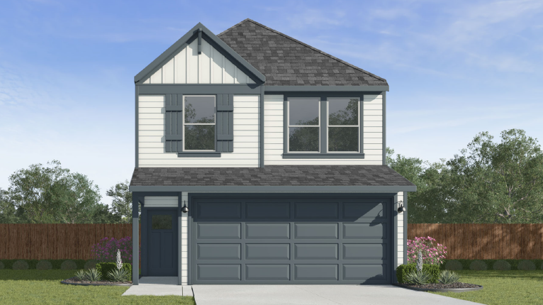 Two-story home with three large front windows and a two car garge