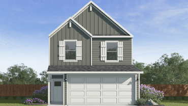 Two-story home with grey siding and a two car garge