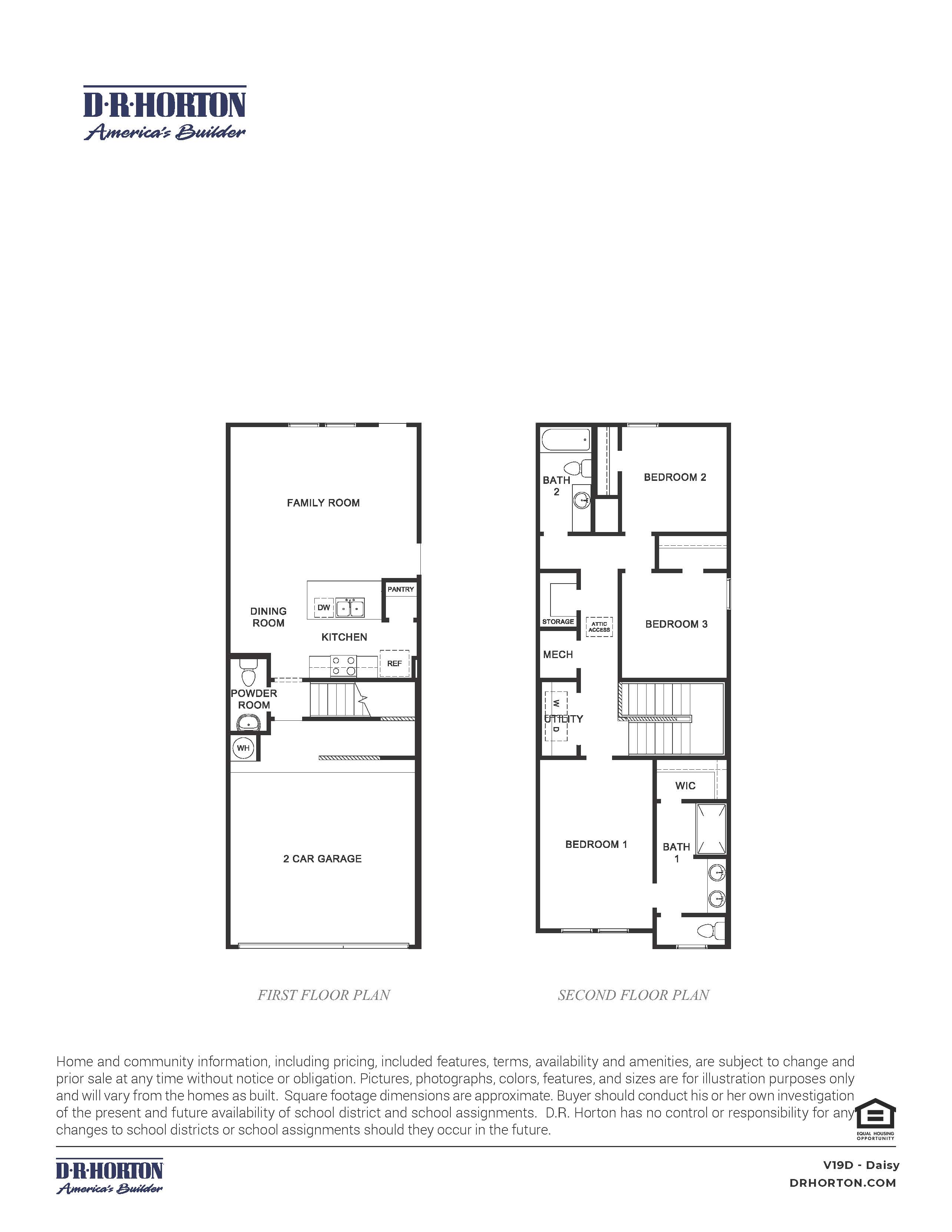 two story floor plan with three bedrooms and two and a half bathrooms