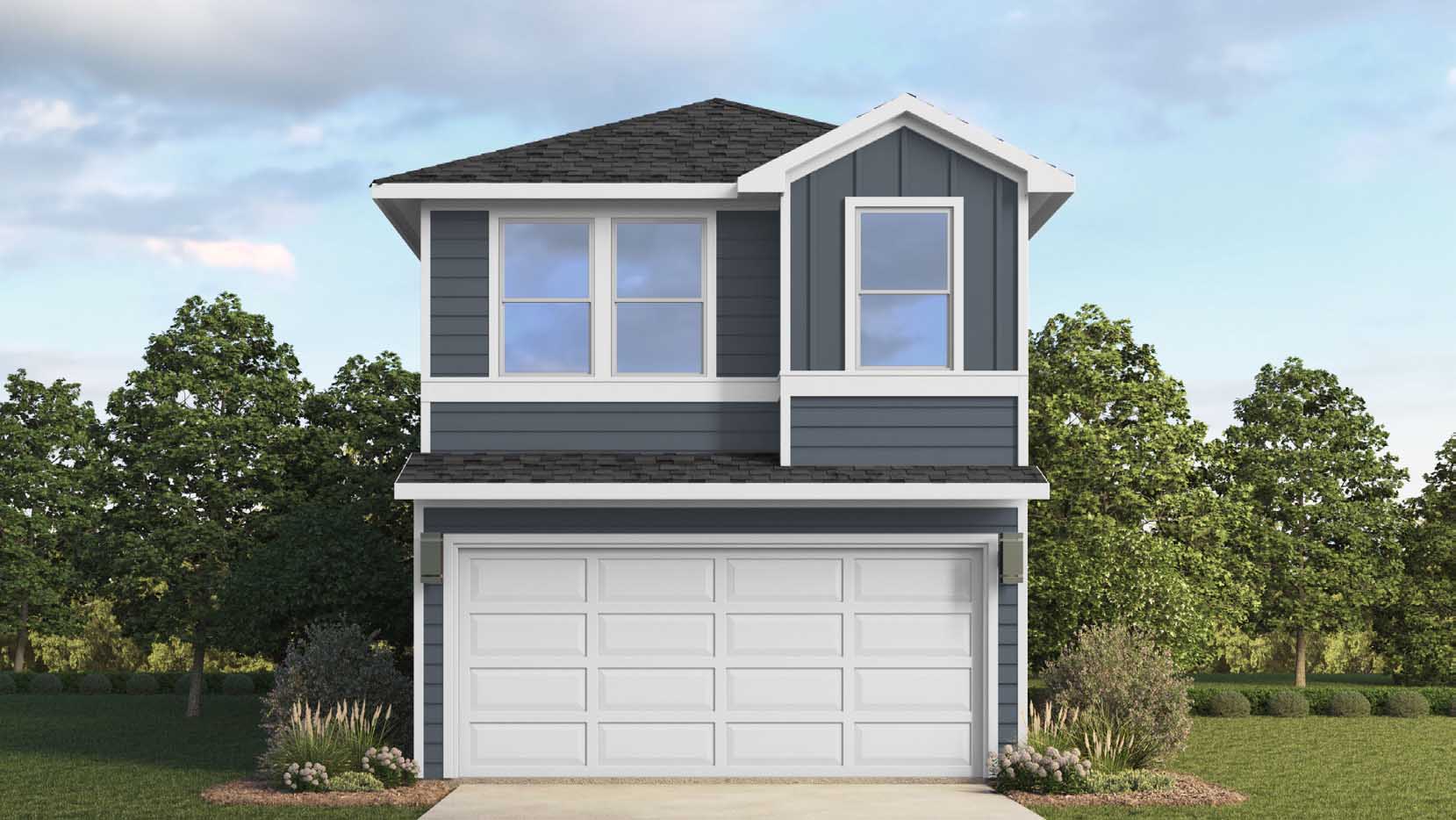 two story home with three large windows on the front of the home