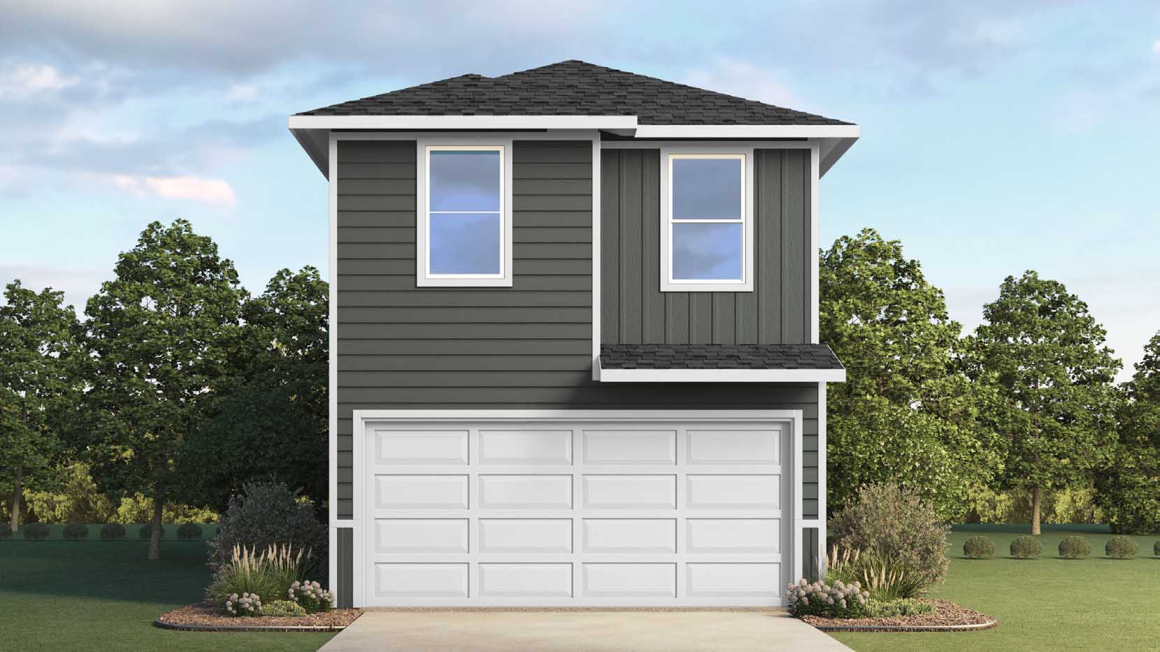 two-story home with grey siding and a two-car garage
