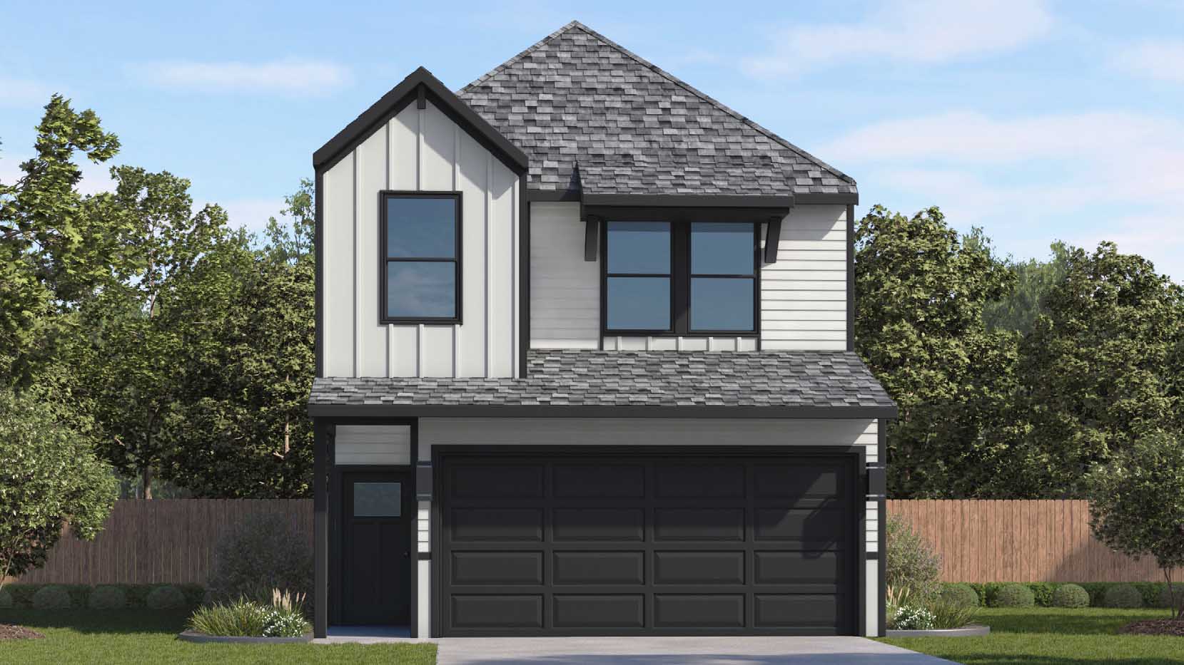 two-story home with white siding and black trim and a two-car garage