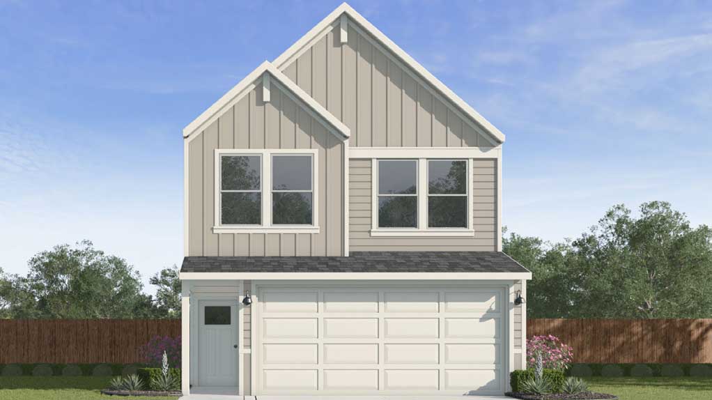 two story home with three large windows on the front of the home