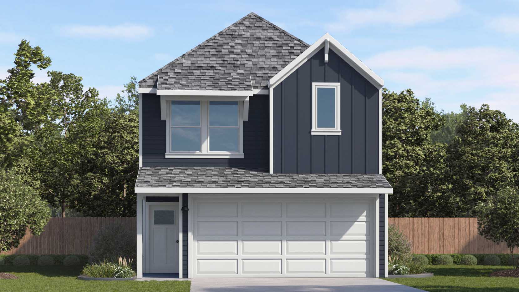 two-story home with grey siding and a two car garage