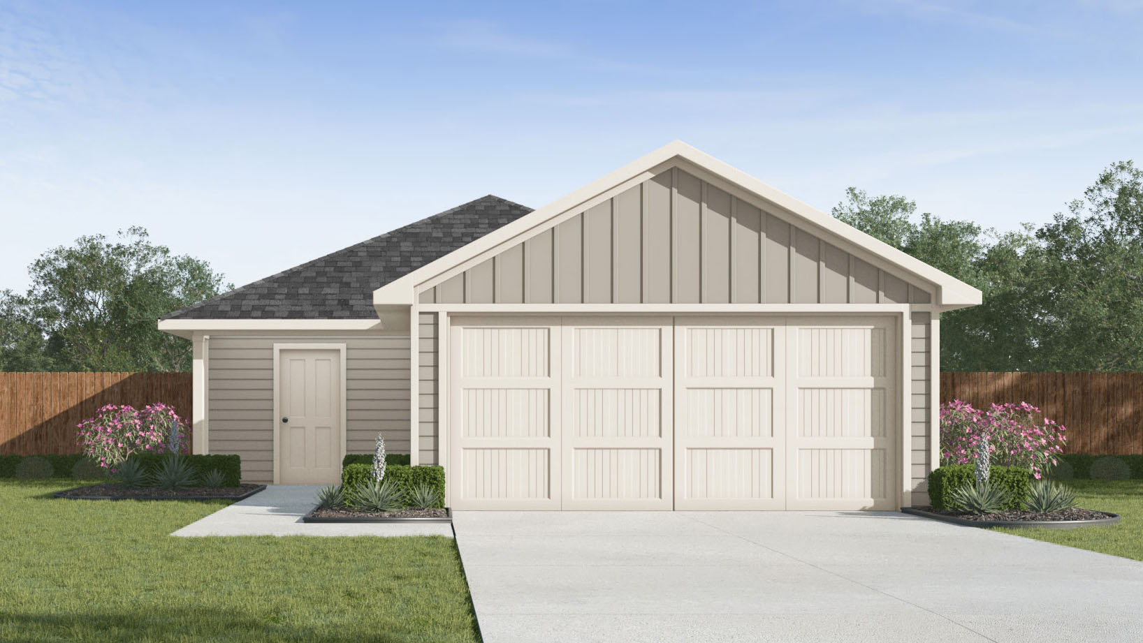 one-story home with light siding and a two car garage