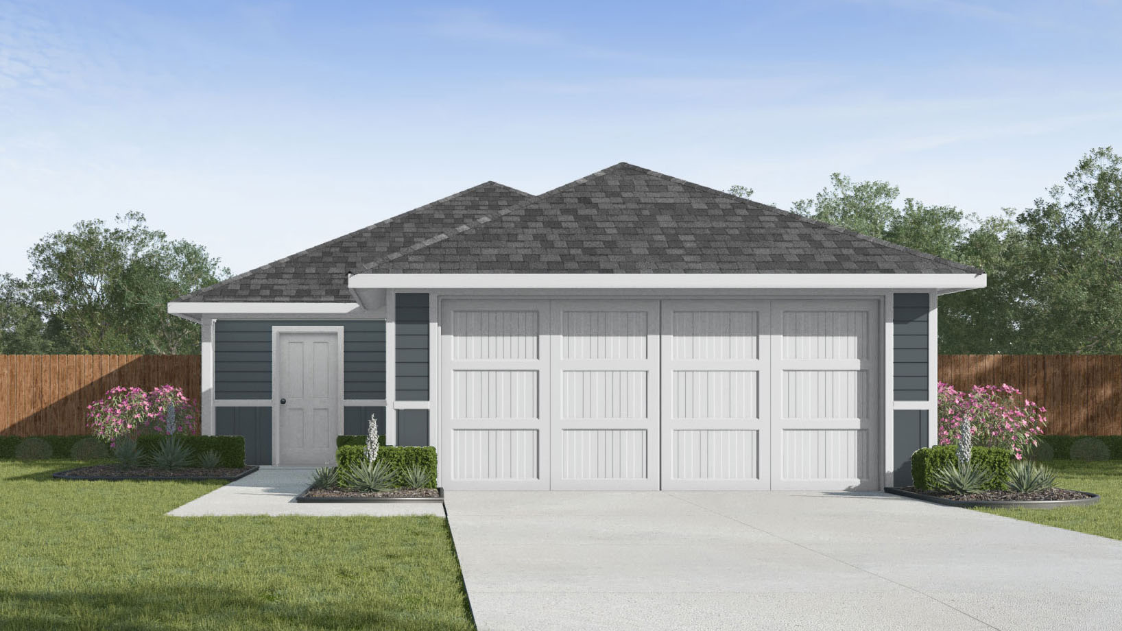 one story home with dark siding and a two car garage