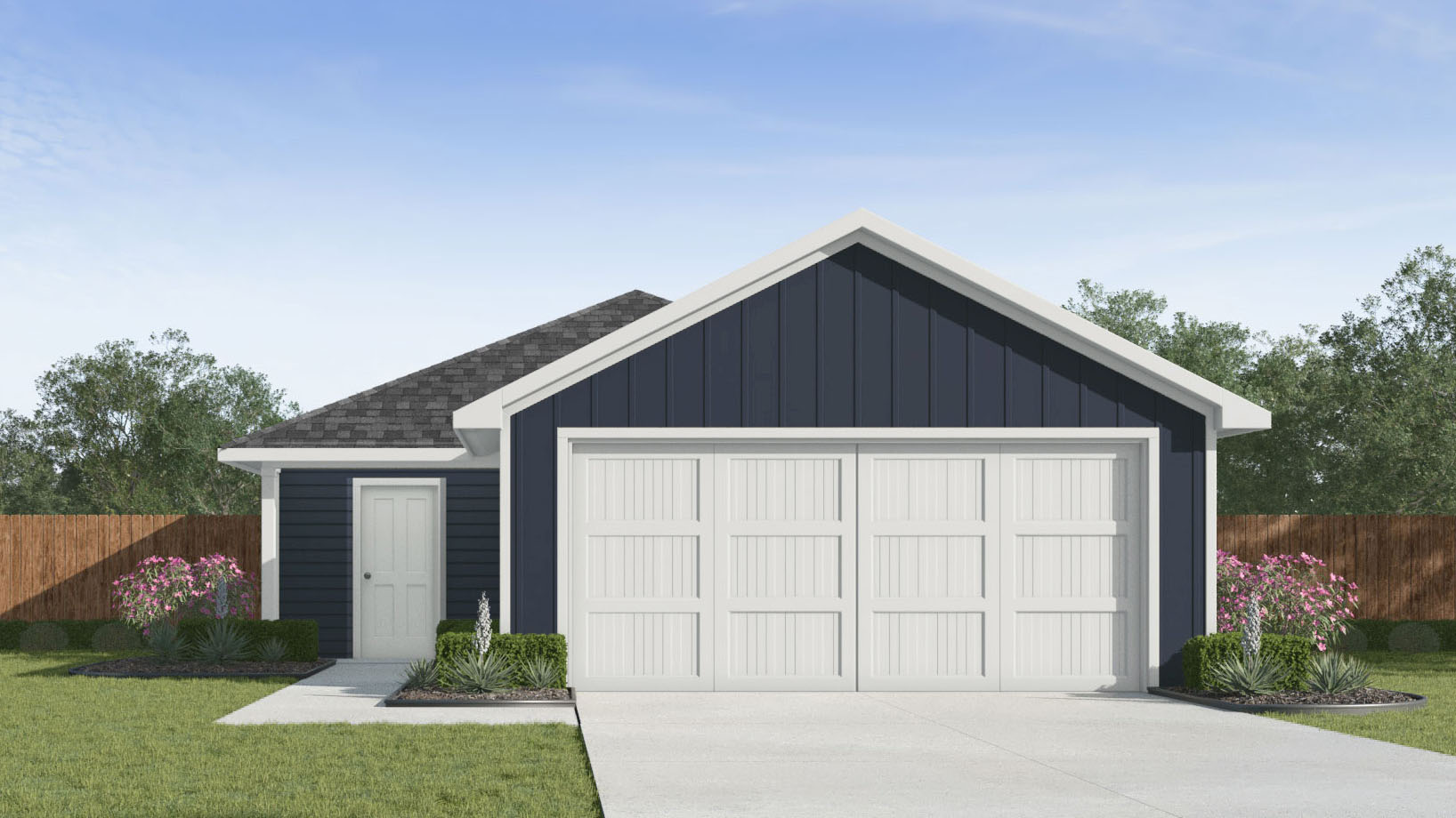 one story home with dark siding and a two car garage
