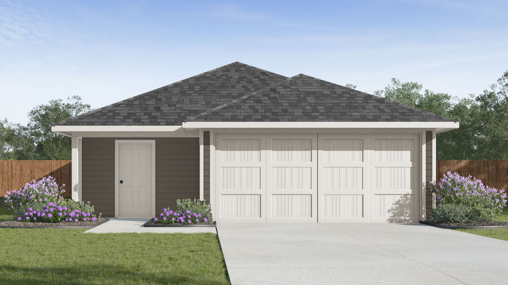 one story home with dark grey siding and a two car garage