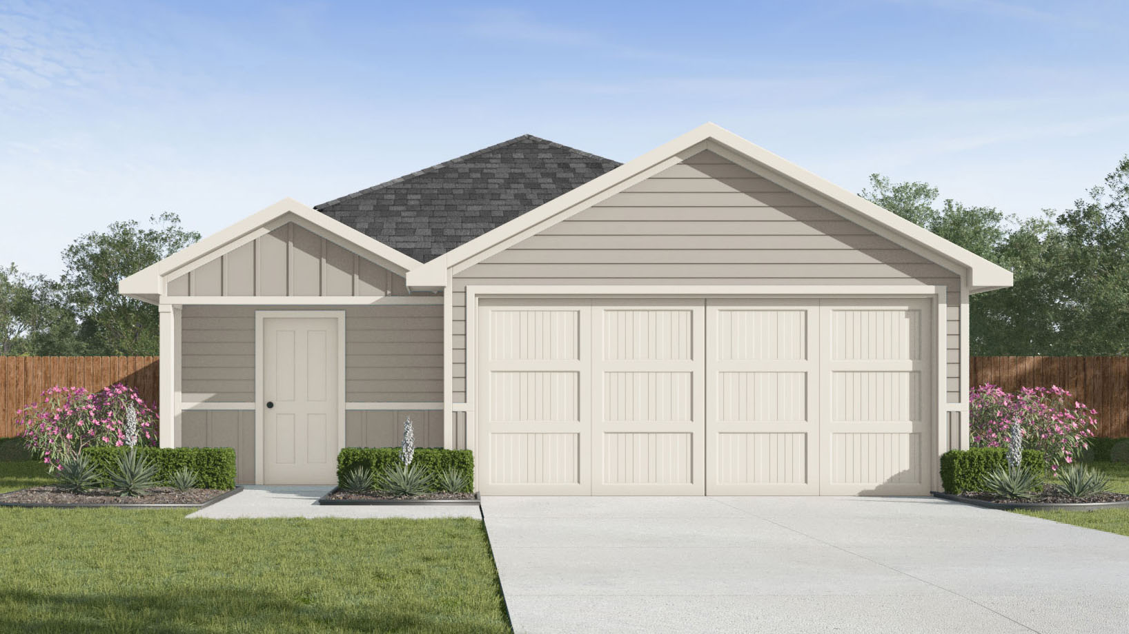 one story home with light grey siding and a two car garage