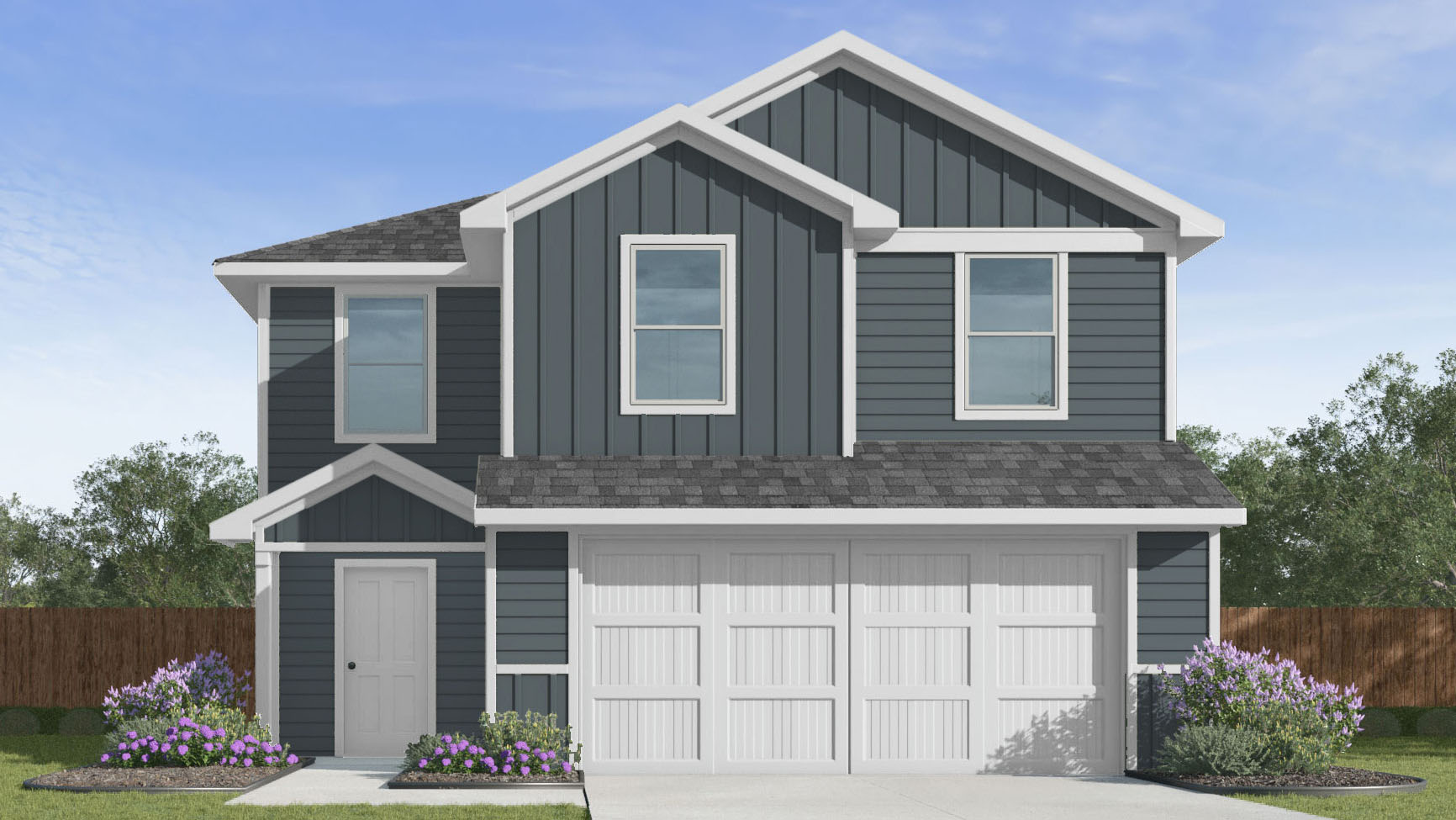 two story home with dark siding and a two car garage