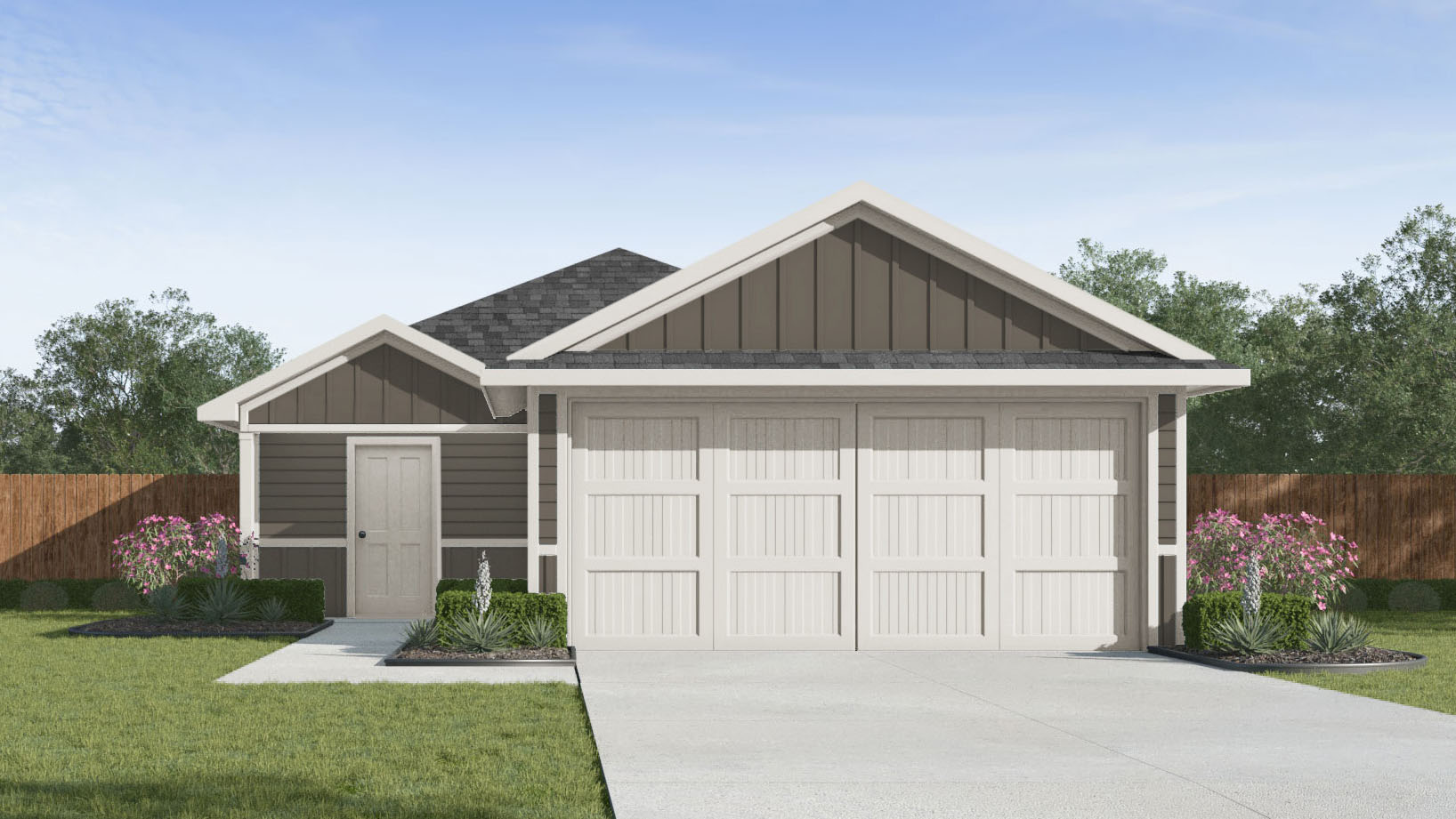 one story home with grey siding and a two car garage