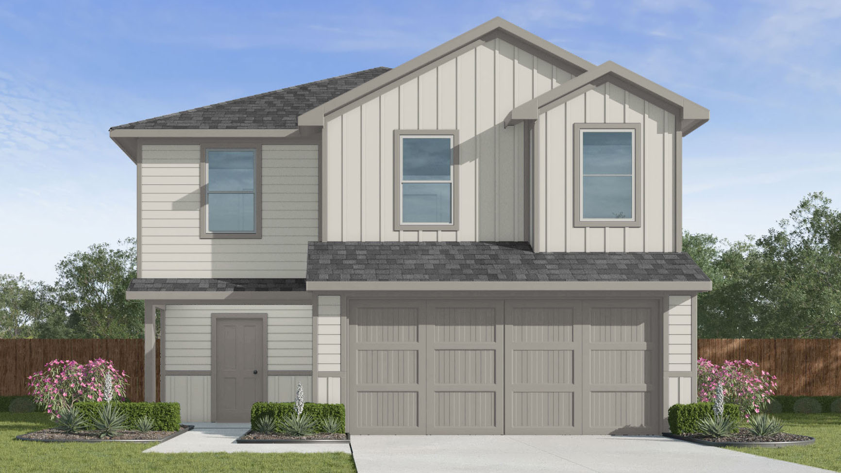 two story home with light siding and dark trim with a two car garage