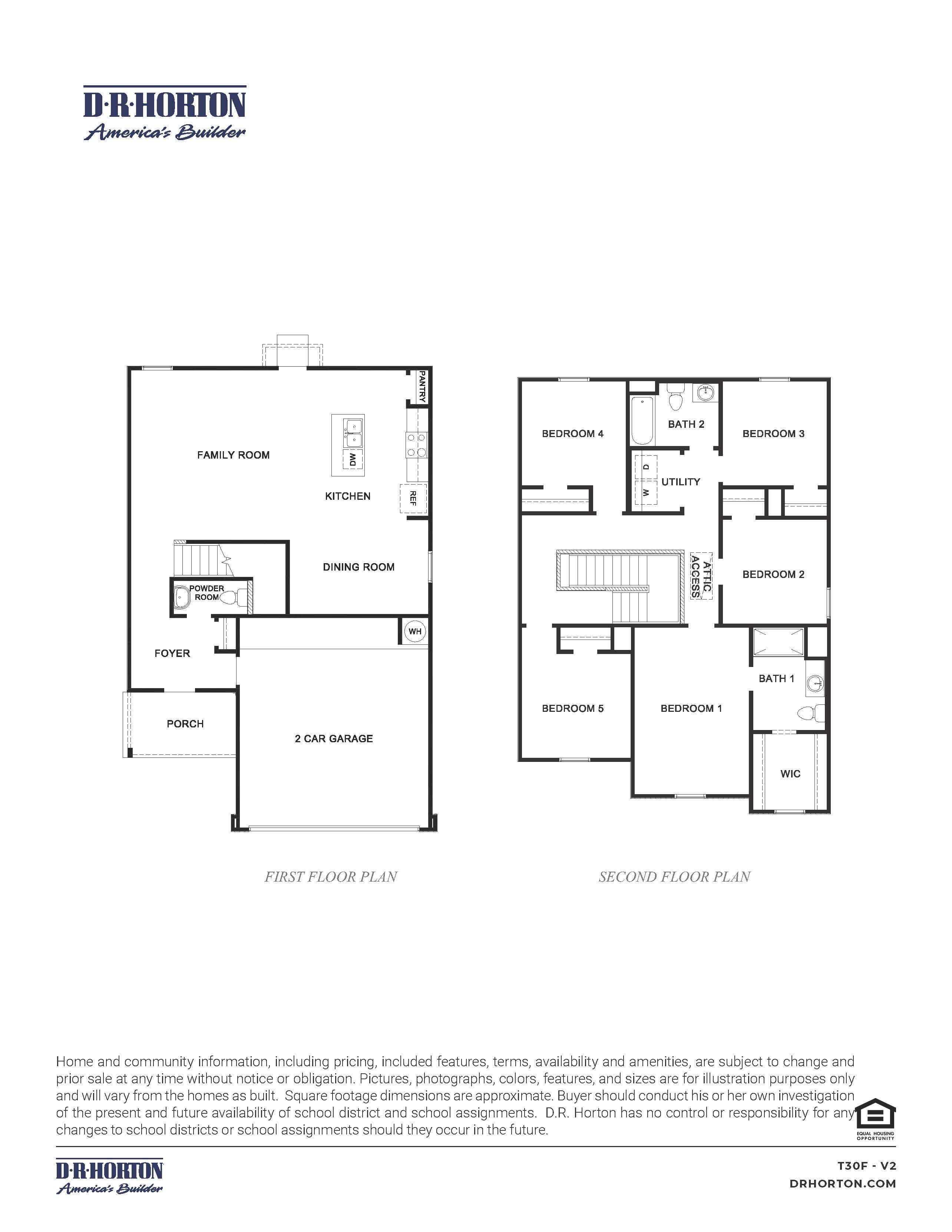 two story floor plan with five bedrooms, two and a half bathrooms and a two car garage