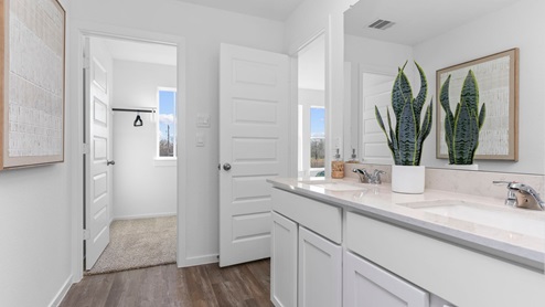 Primary bathroom with two sink vanity