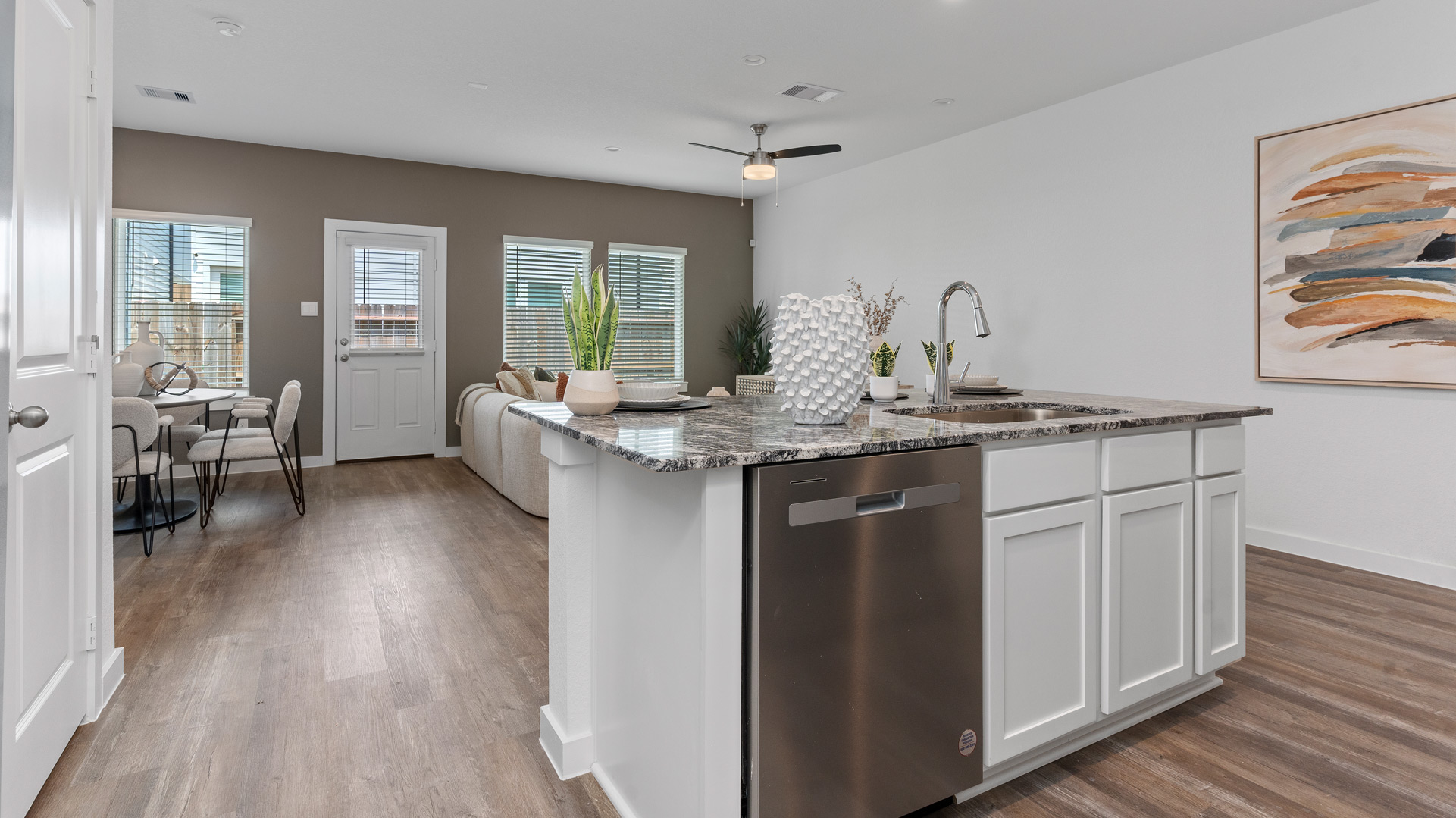 kitchen island overlooks the main living areas