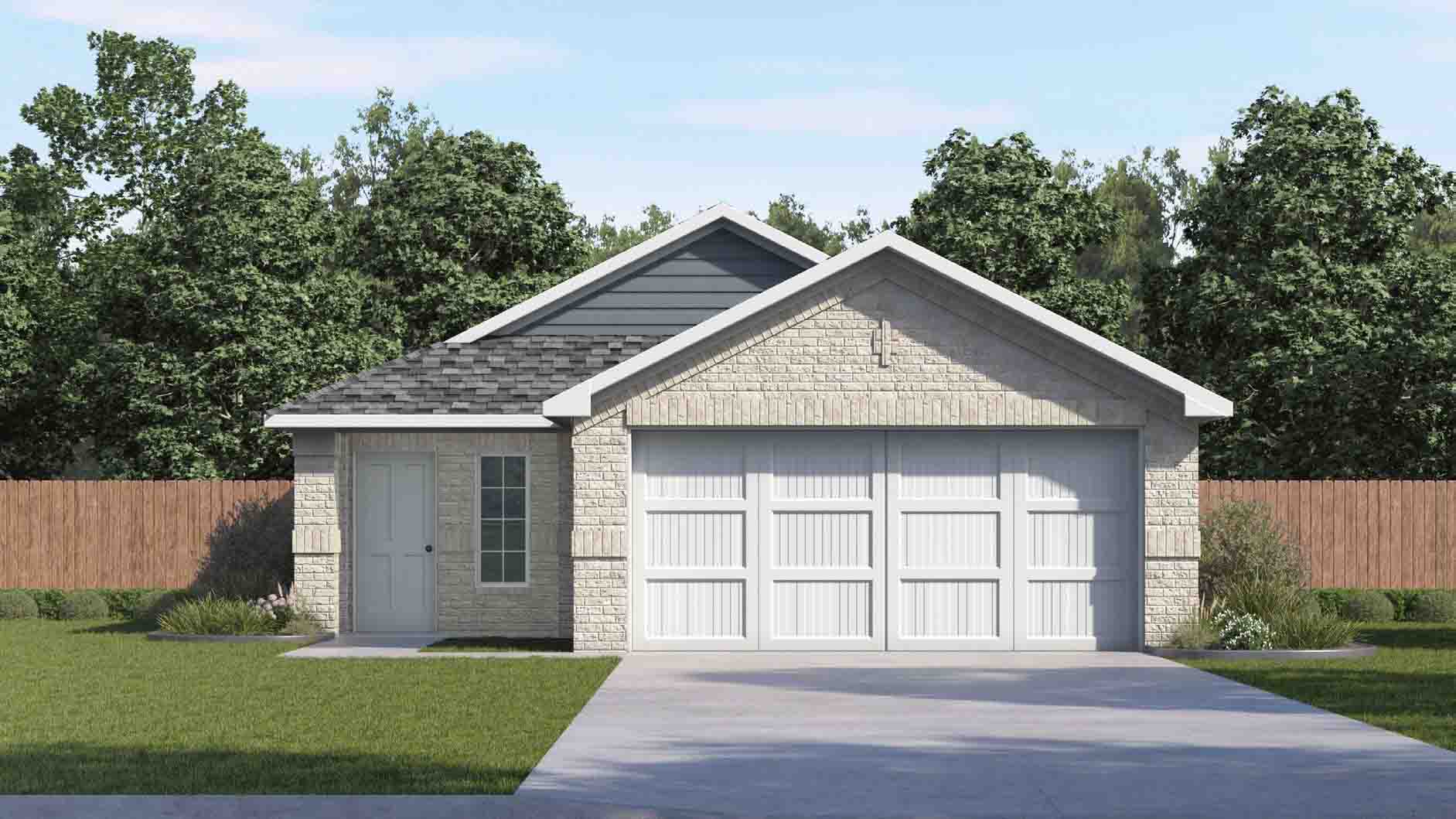 one story home with light grey brick and siding with a two car garage