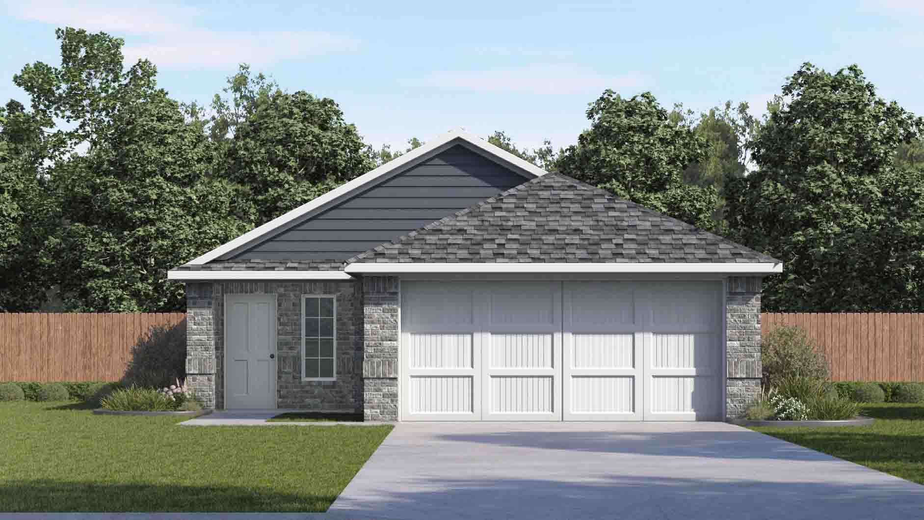 one story home with grey brick and a two car garage