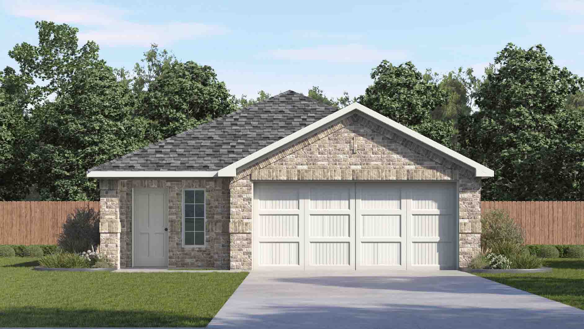 one story home with light beige brick and a two car garage