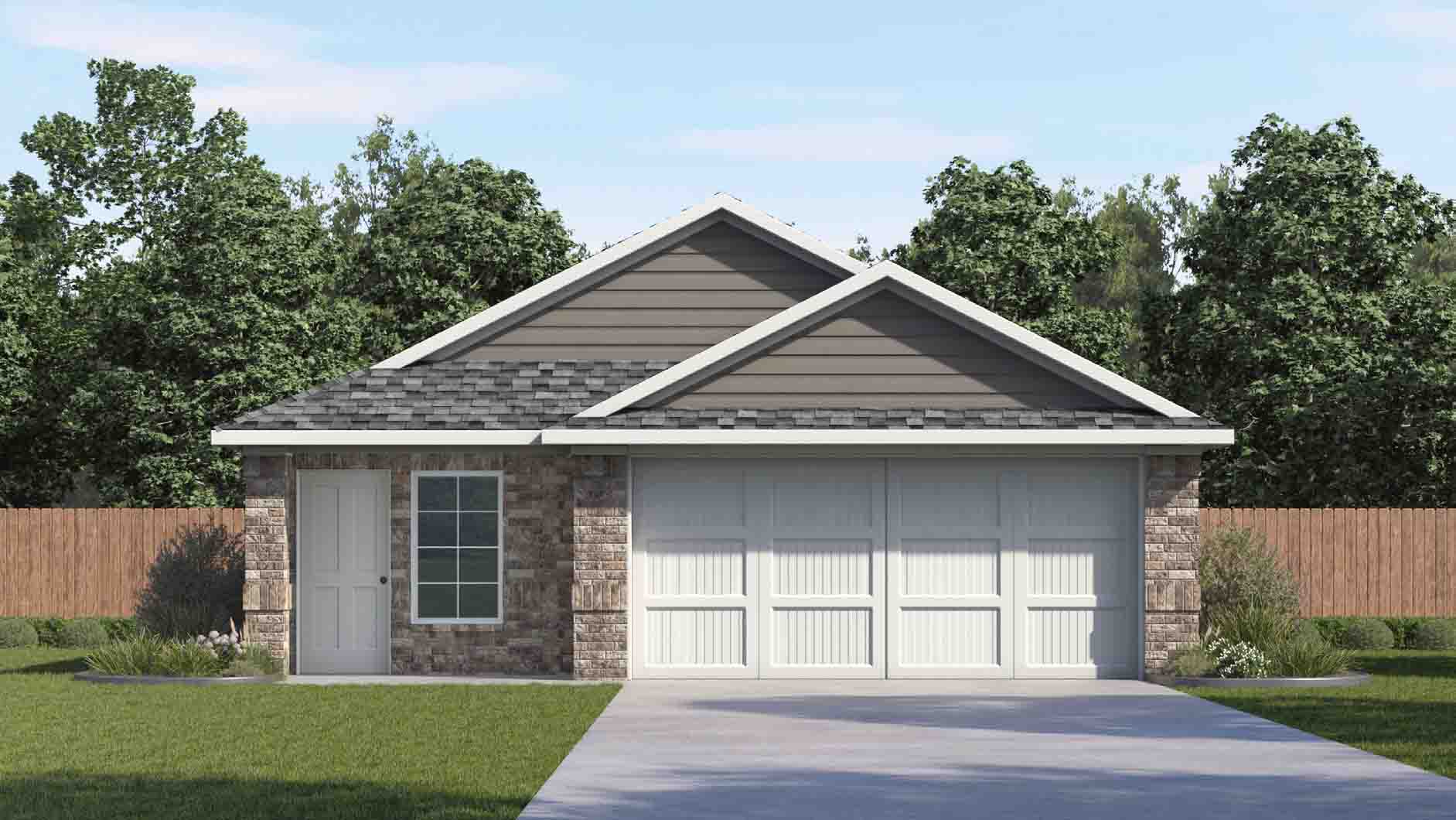 one story home with dark grey exterior brick and siding and a two car garage