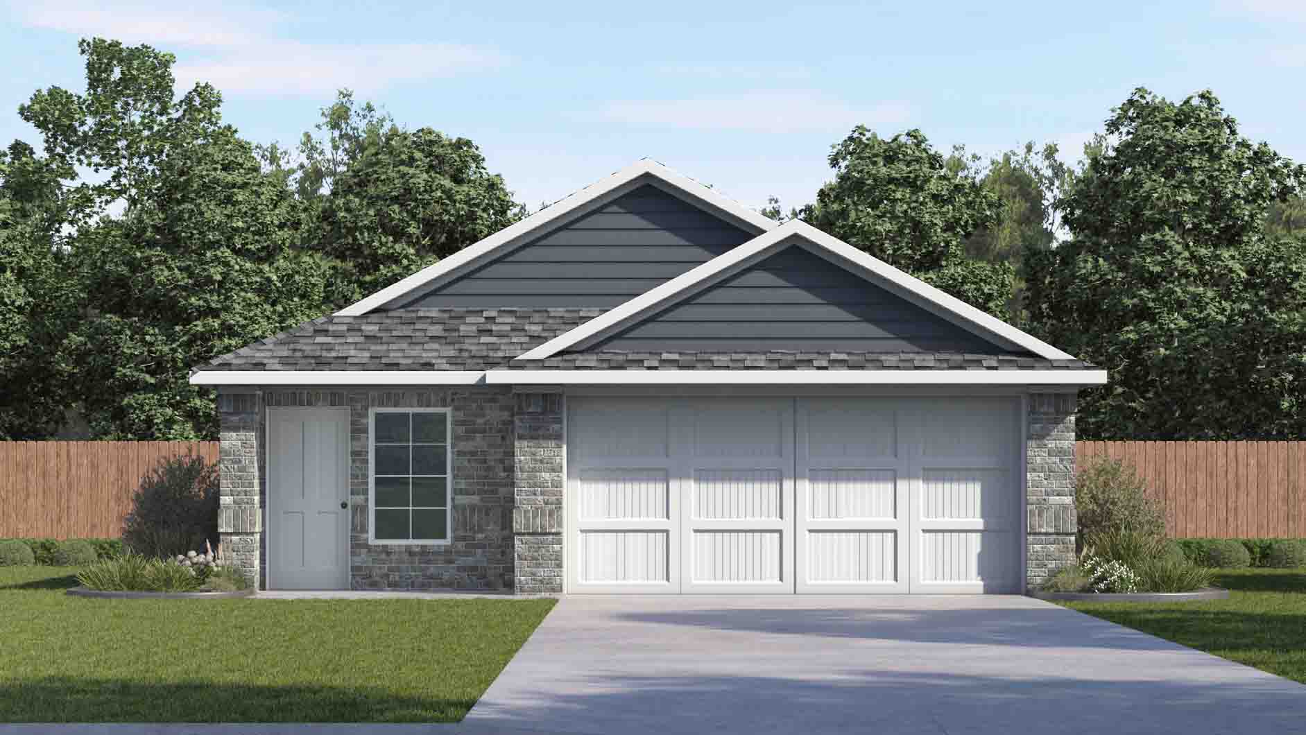one story home with light colored brick and a two car garage