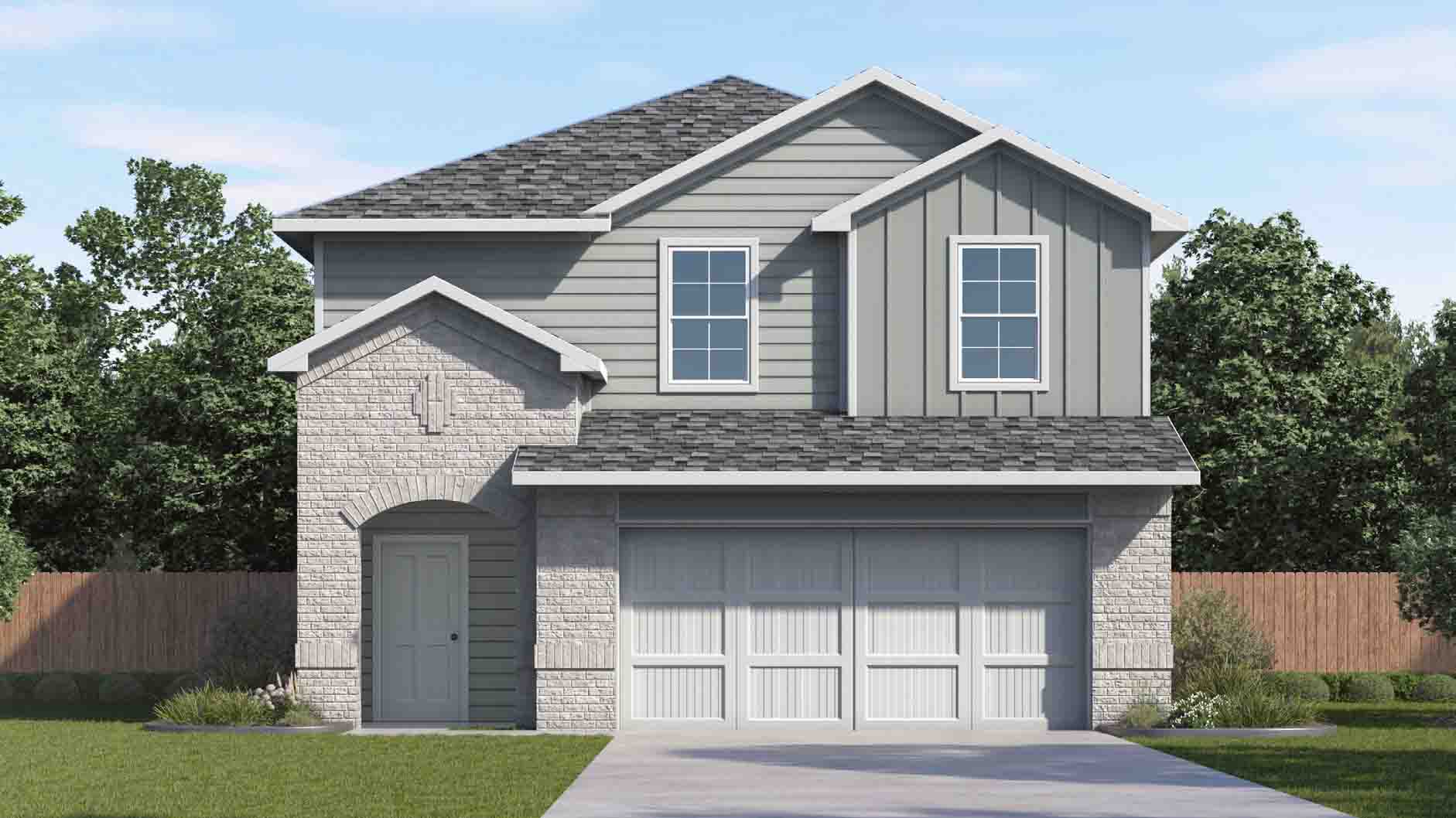 two story home with light grey siding and brick