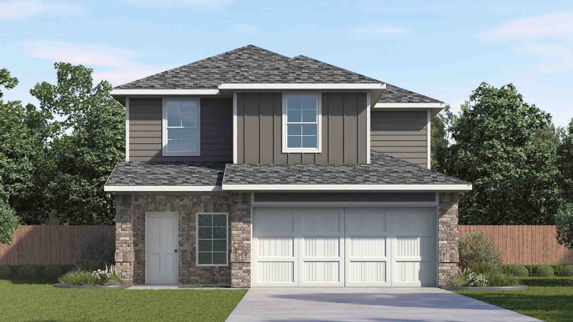 two story home with grey siding, beige brick and a two car garage