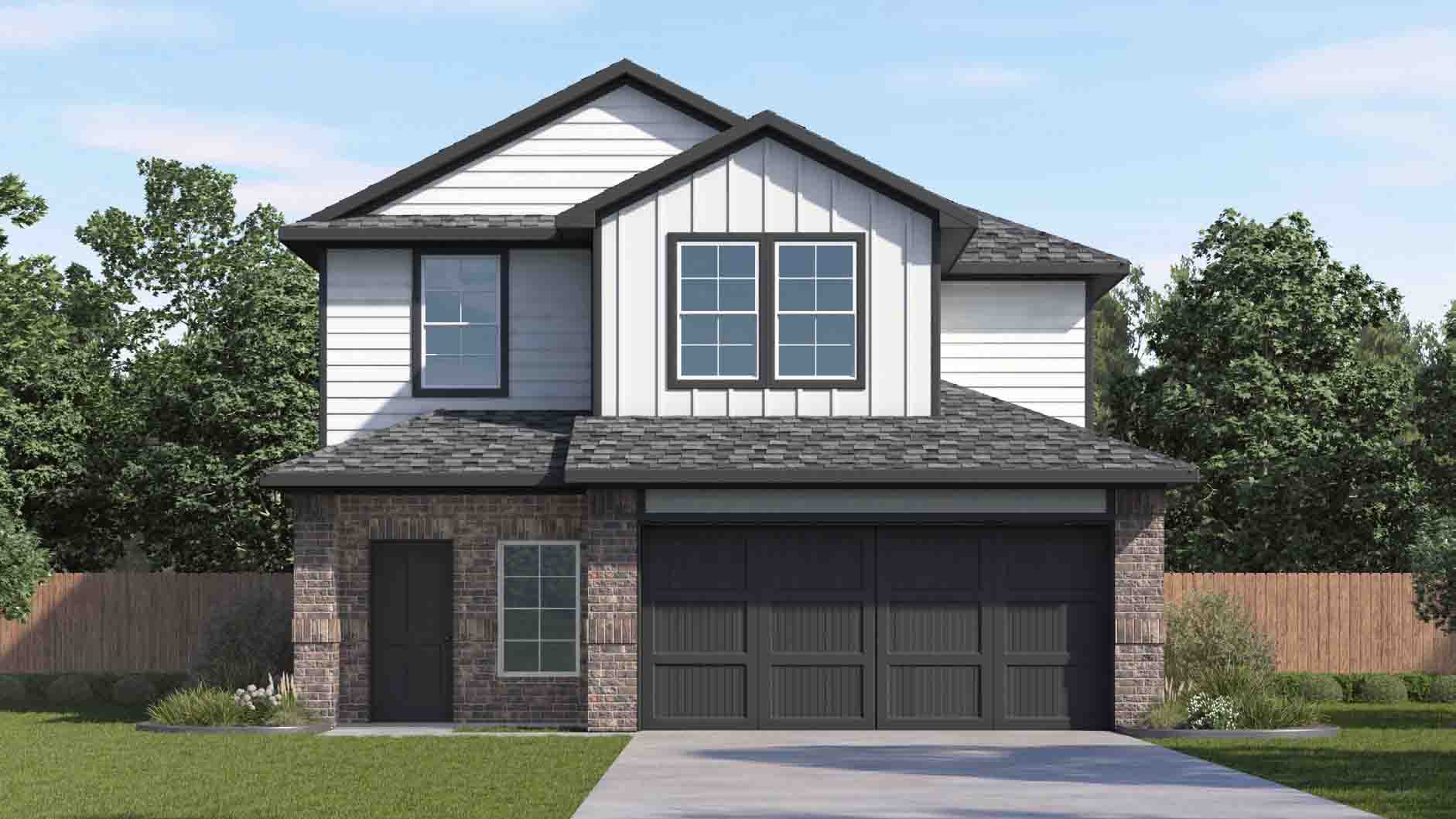 two story home with white siding, black trim, and brown brick