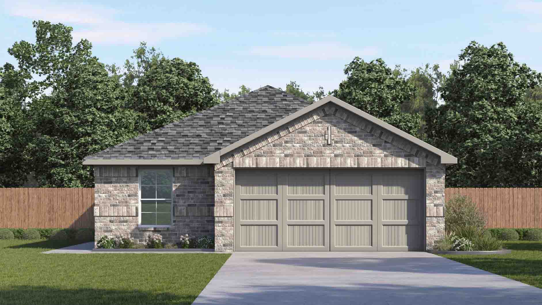 one story home with light brown brick and a two car garage