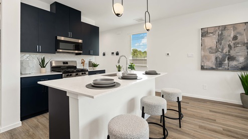 alaia crossing model home kitchen with spacious island and stainless steel appliances