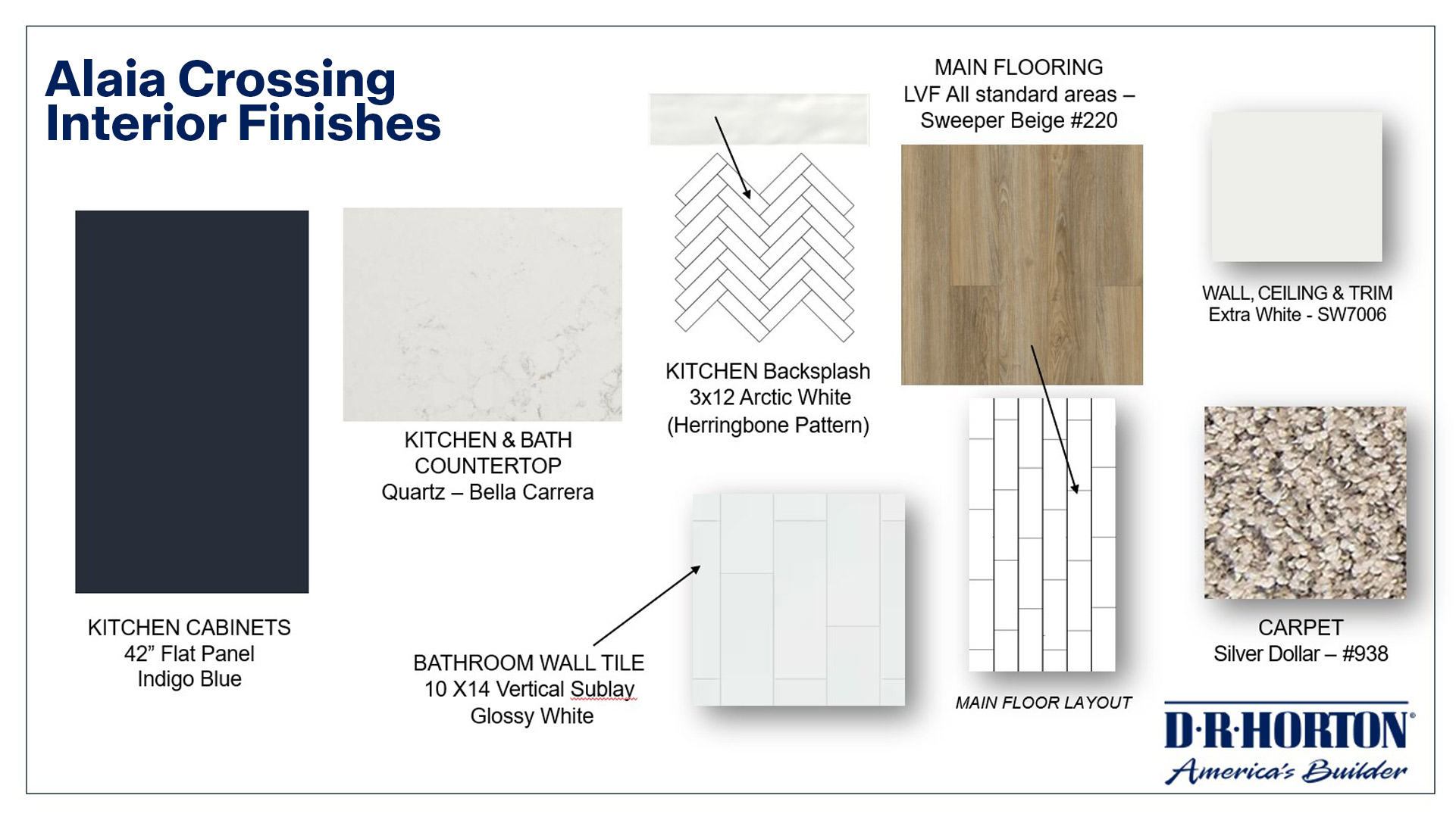interior color scheme for alaia crossing. navy cabinets, white quarts counters