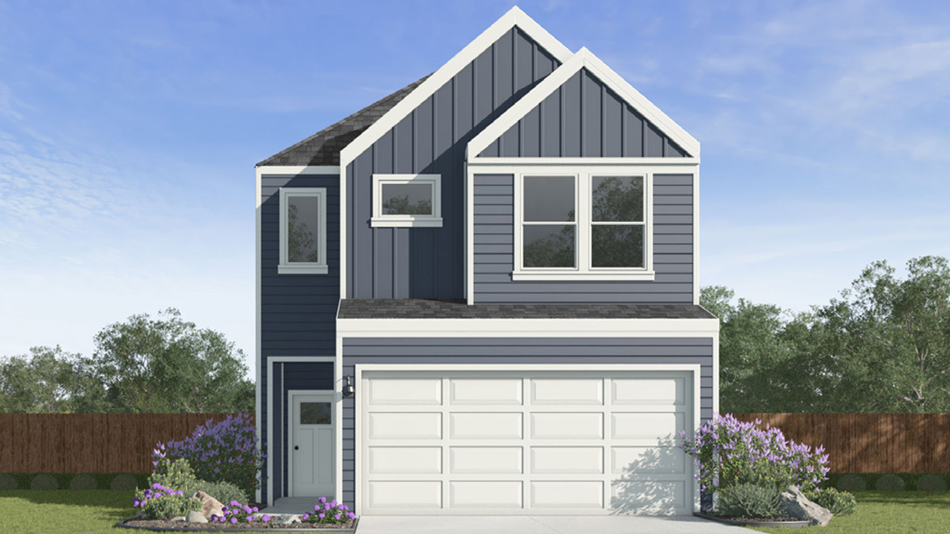 boxwood plan exterior elevation B rendering, a two story home with a two car garage