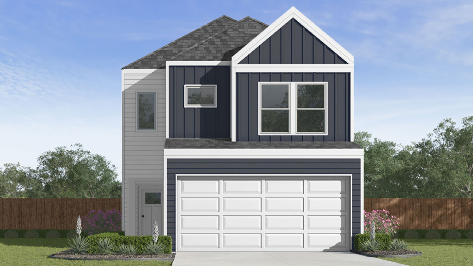 boxwood plan exterior elevation D rendering, a two story home with a two car garage