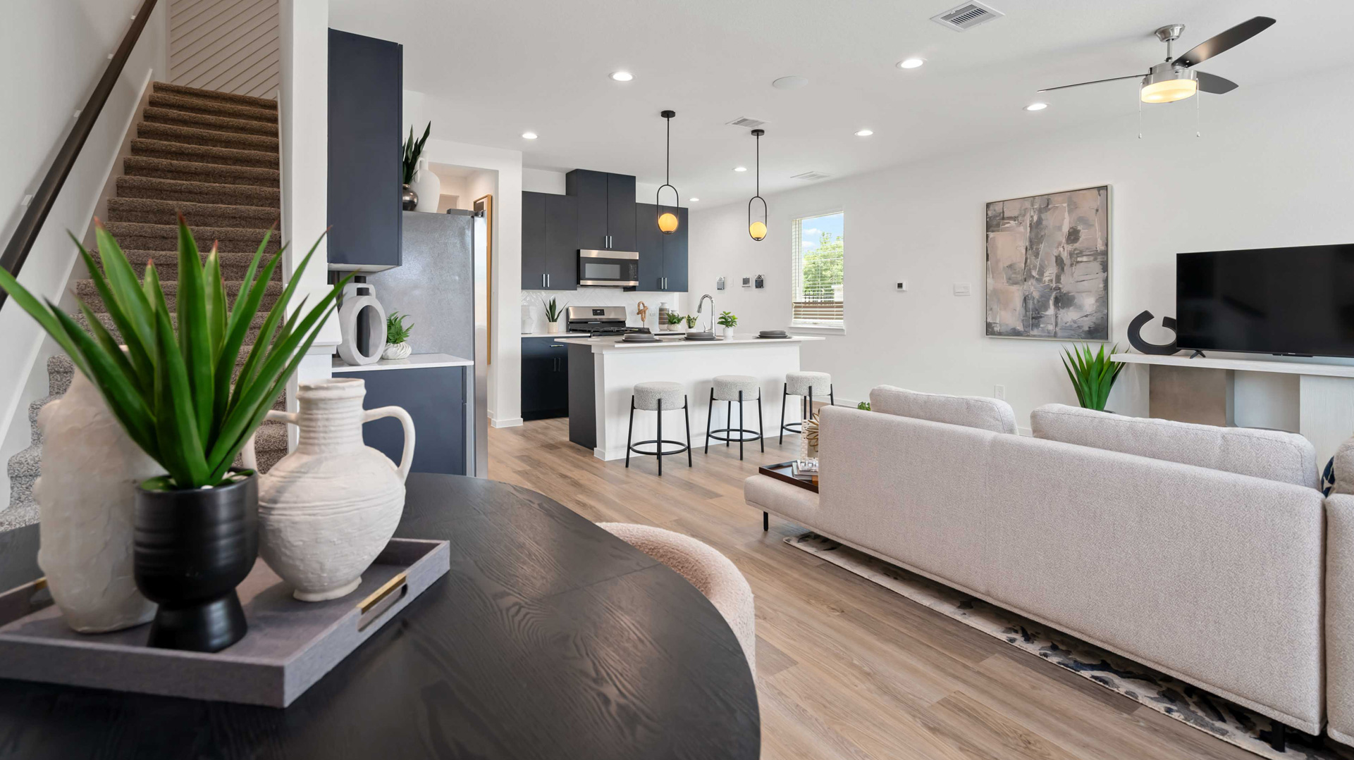 view from dining area of open concept living space