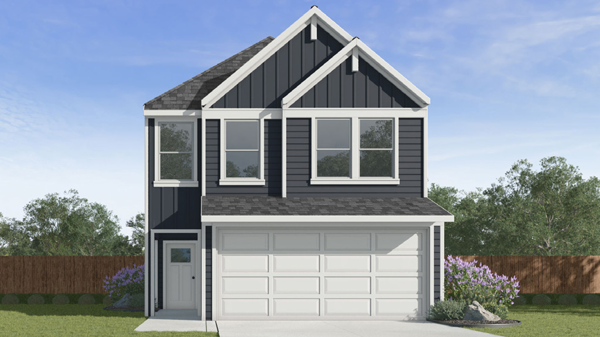 cedar plan exterior elevation B rendering, a two story home with a two-car garage