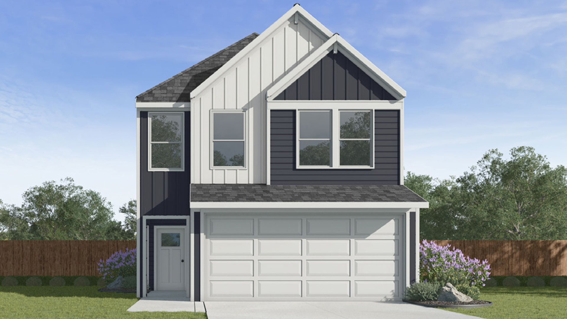 cedar plan exterior elevation D rendering, a two story home with a two-car garage