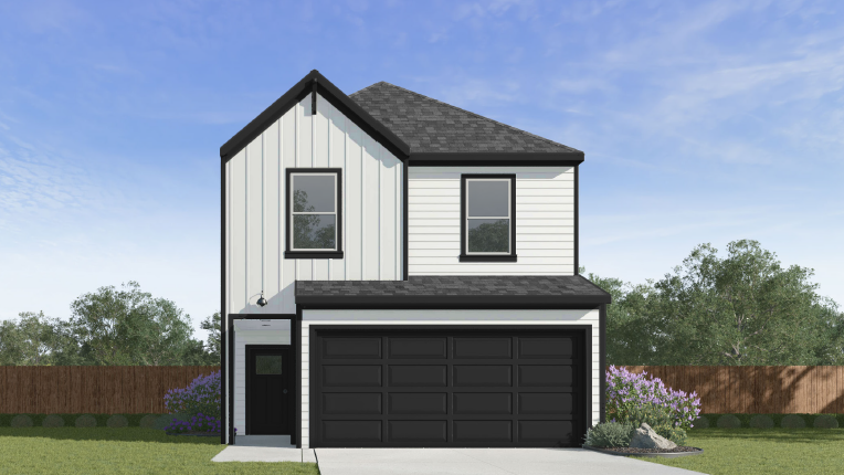 two-story home with white siding and a two-car garage.