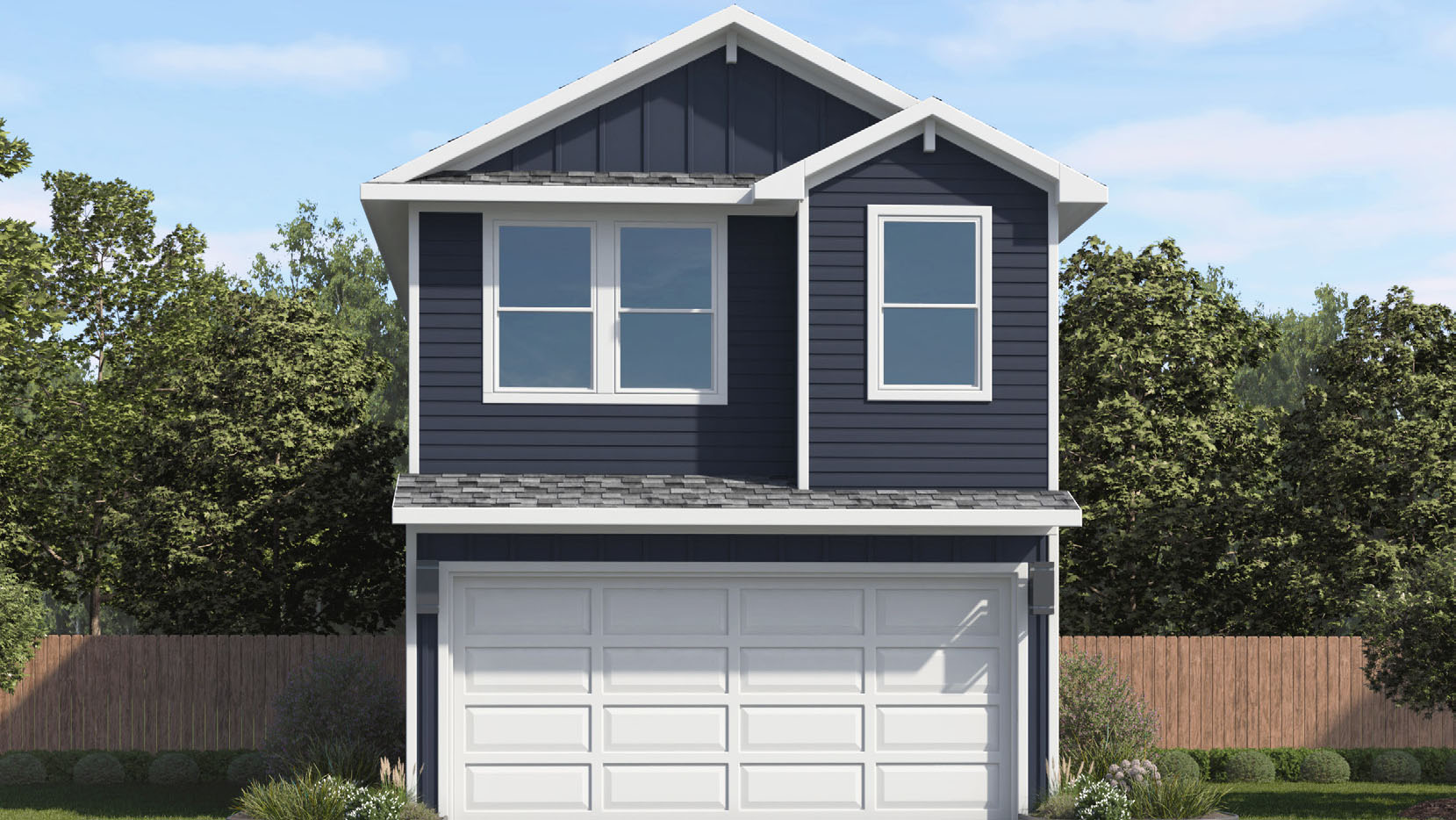 two story home with dark grey siding and three large windows at the front of the home for natural lighting